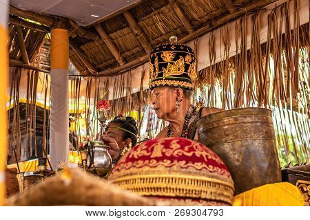 Bali, Indonesia - October 9, 2018: Holyman On A Traitional Balinese Hindu Ceremony In Ubud.