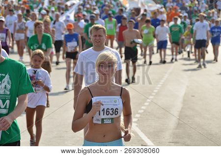 Omsk, Russia - August 12: Marathon Runners In Action At The Siberian International Marathon On Augus