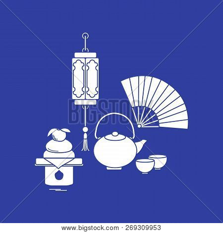 Eastern New Year Symbols. Chinese Lantern, Kettle With Two Cups, Fan, Kagami Mochi. Festive Traditio