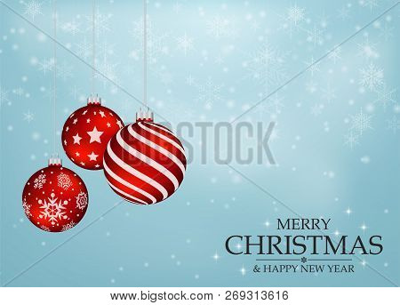 Red Christmas Balls With Blue Snowflakes Background