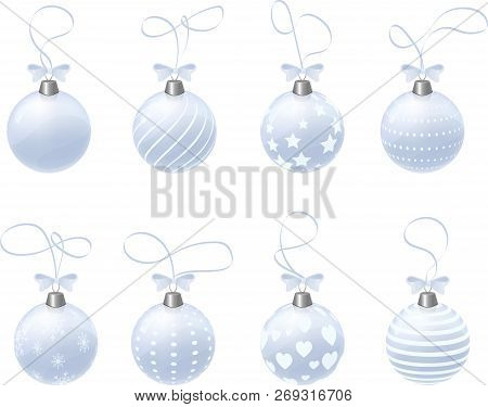 Set Of 8 Vector Realistic Christmas Balls. Isolated Vector Toys. Balls With Hearts, Snowflakes, Stri