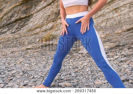 Flat Belly Girl During Breathing Exercises Bodyflex. Belly Close-up View.