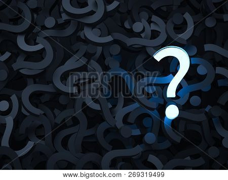 3d Rendering Shiny Question Mark With Black Question Marks Background