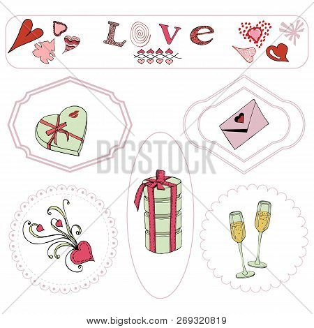 Valentine's Day Theme Elements. Hand Drawn And Colored Objects In Frames.
