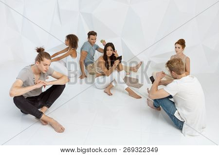 Problem Of Communication Concept. Groups Of Different People Sitting Randomly And Ignoring Each Othe