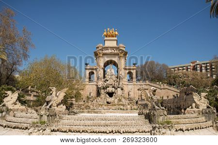 Cascada at Parc de la Ciutadella. Triumphal Arch with Waterfall and Fountain. Barcelona. Spain.
