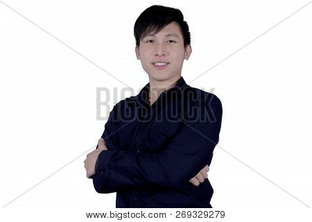 Business Man With Navy Blue Shirt Has Happy And Smile With Hard Work. Business Man Isolated On White