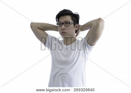 Asian Handsome Man With White Shirt And Orange Eyeglasses Has Arms Crossed And Thanks For Goodluck A