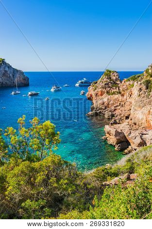 Idyllic View Of Cala Deia Bay Beach On Majorca Island, Spain Mediterranean Sea
