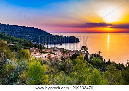 Idyllic Old Mediterranean Village With Sunset Sky On Mallorca, Spain Mediterranean Sea