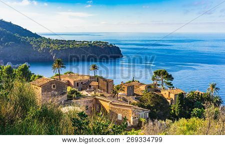 Beautiful Island Scenery With View Of An Old Village At Deia On Majorca, Spain Balearic Islands