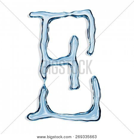 Letter E from clear transparent bluish water droplets. Isolated on white background. 3d rendering.