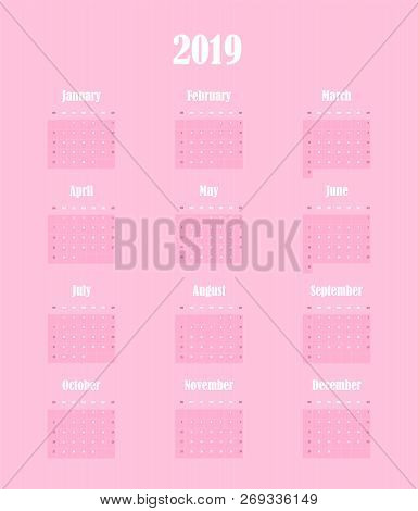 2019 New Year Vector Calendar In Minimal Simple Style On Tender Pink Background. Week Starts In Sund
