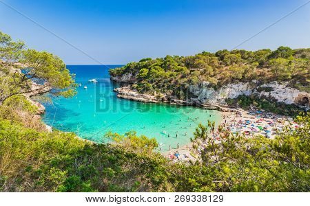 Beautiful Island Scenery, Idyllic Bay Beach On Majorca Island, Spain Mediterranean Sea