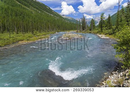 Altai Mountains. The Shawla River Above The Estuary Of The Yeshtykol River. August. Siberia, Russia.