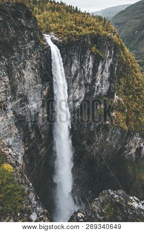 Waterfall Vettisfossen Landscape In Norway Aerial View Free Fall On Rocky Mountain Travel Serene Sce