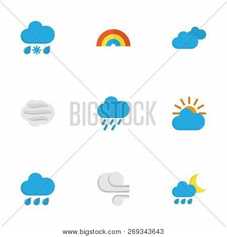 Weather Icons Flat Style Set With Shower, Blizzard, Wind And Other Shower Elements. Isolated Vector 
