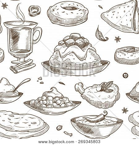 Indian Cuisine Sketch Pattern Background. Vector Seamless Design