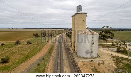 Silo And Railroad In The Fields Aerial Photo