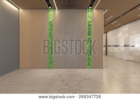 Office Open Space Lobby Ecological Interior With Concrete Floor, Wooden Ceiling, Reception, Lift. 3d