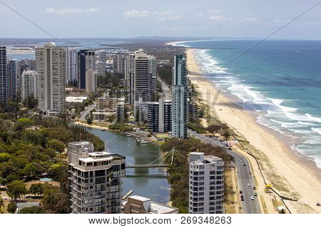 Gold Coast, Australia - November 17 2018: Surfers Paradise Citscape, Northerly Aerial View With Beac