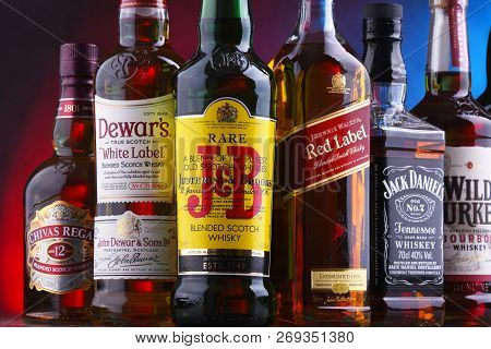 Poznan, Poland - Nov 16, 2018: Bottles Of Several Global Whiskey Brands, The Most Popular Liquor In 