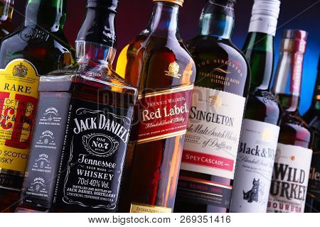 Poznan, Poland - Nov 16, 2018: Bottles Of Several Global Whiskey Brands, The Most Popular Liquor In 