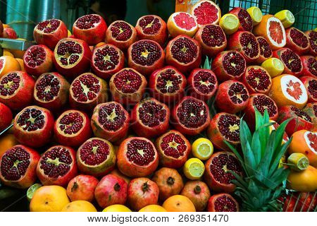Grants And Fruit Cut On The Counter For Fresh Juice. Istanbul, Turkey