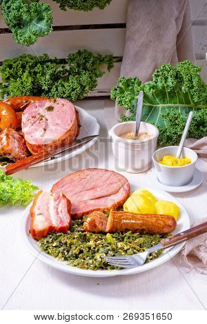 A Delicious Genuine Oldenburger Kale With Peeked Pinkel Sausage