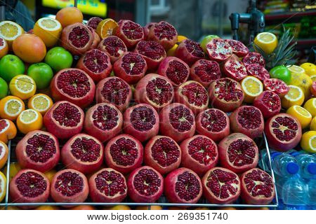 Grants And Fruit Cut On The Counter For Fresh Juice. Istanbul, Turkey