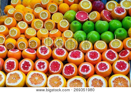 Oranges, Grapefruits, Apples And Fruits Cut On The Counter For Fresh Juice. Istanbul, Turkey