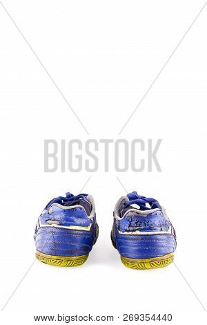 Old  Worn Out Dirty Blue Futsal Sports Shoes  On White Background Football Sportware Object Isolated