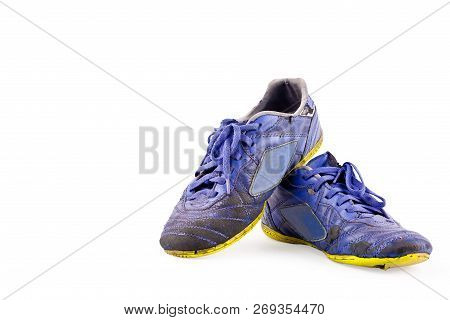 Old Blue Worn Out Futsal Sports Shoes On White Background Soccer Sportware Object Isolated