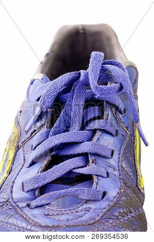 Close Up Old Shoelace Futsal Shoes On White Background Soccer Sportware Object Isolated