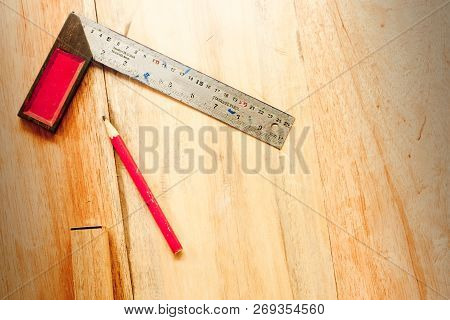Try Square And Wood Pencil For Carpenter On Wooden Background Tool Woodcraft Object Isolated