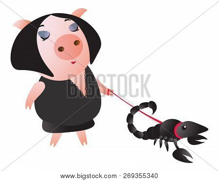 A Cute Piggy Leads A Scorpion On A Leash.