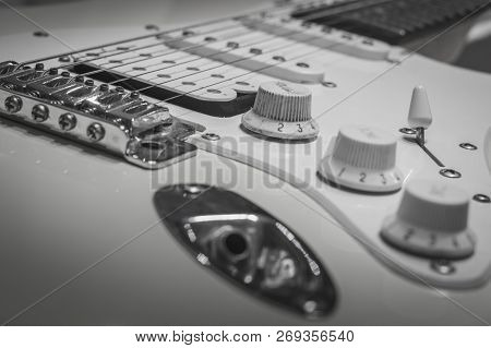 Black White Rock Music Concept, Solo Electric Lead Guitar With Bridge, Strings, Volume And Tone Cont