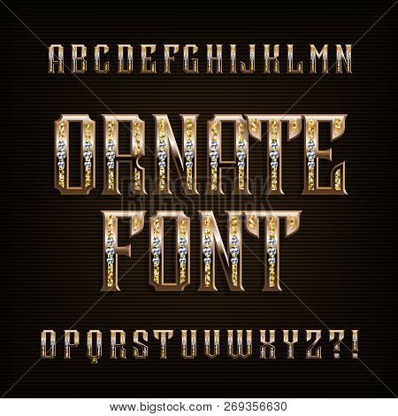 Ornate Gold Alphabet Font. Vintage Golden Letters And Numbers With Diamonds. Stock Vector Typescript