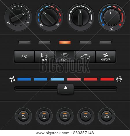 Car Dashboard Elements With Black Push Buttons And Level Slider. Vector 3d Illustration