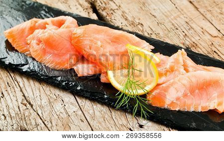 Smoked Salmon With Lemon And Dill Selective Focus.