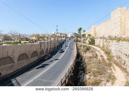 Jerusalem, Israel, November 17, 2018 : Khativat Yerushalayim Street Passing Near Jaffa Gate In The O
