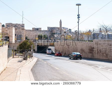Jerusalem, Israel, November 17, 2018 : Khativat Yerushalayim Street Passing Near Jaffa Gate In The O