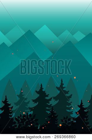 Vector Background With Mountains And Fir Trees Silhouettes. Evening Or Fairy Night Landscape