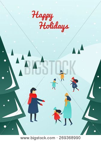 Parents And Children Playing Outside With Snow