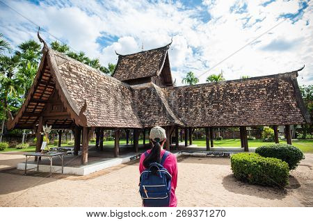 Back View Of Traveler Wowan Standing At Wat Ton Kwen (wat Inthrawat), Ancient Temple In Chiang Mai,t
