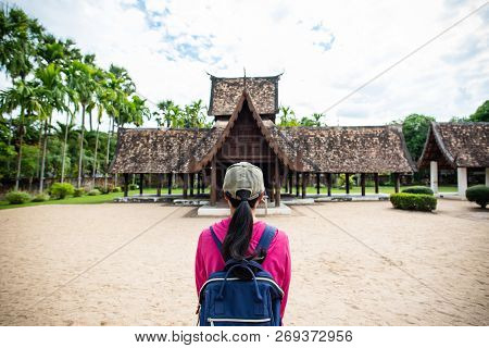 Back View Of Traveler Wowan Standing At Wat Ton Kwen (wat Inthrawat), Ancient Temple In Chiang Mai, 