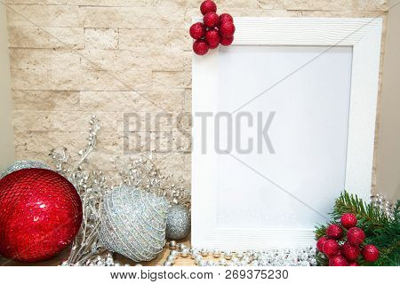 Red Berries With Fir Tree Branches, Silver And Red Christms Decoration. Mock Up, Free Space For Text