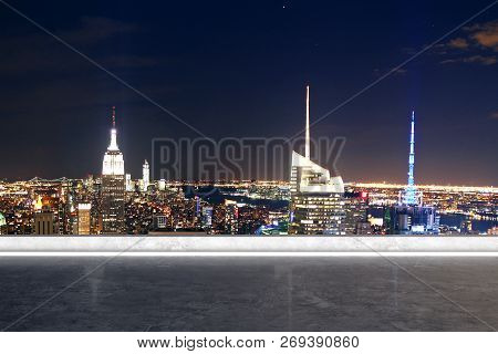 Urban Rooftop With Bright New York City View And Abstract Glass See Through Interior. 3d Rendering