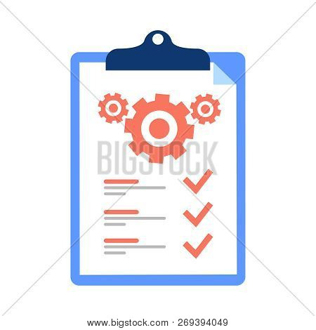 Clipboard And Cogwheel, Technical Support Check List, Team Work Solution, Project Management, Softwa
