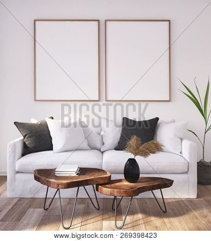 Mock Up Poster Frame In Home Interior Background, Scandinavian Bohemian Style Living Room, 3d Illust